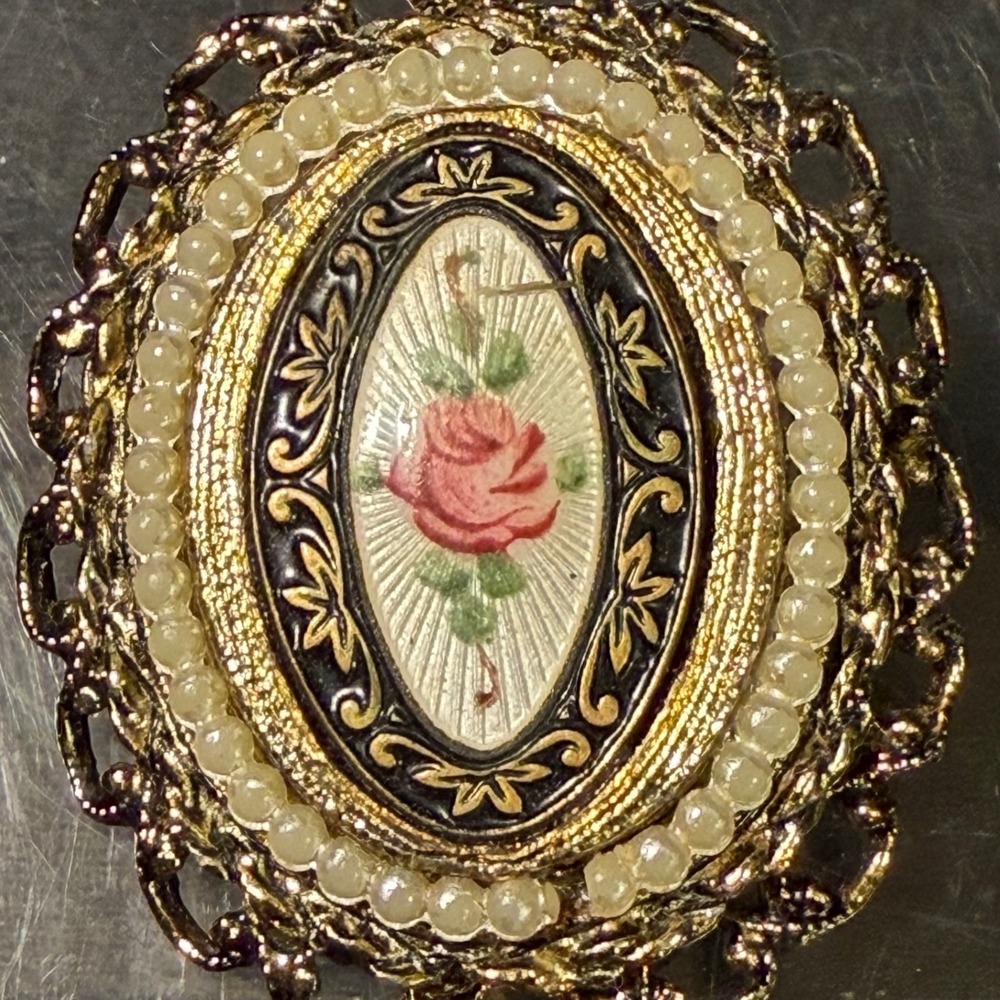 Vintage Gold Tone Oval Rose Brooch Faux Pearl Filigree Enamel Floral Pin